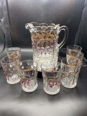 Mosser Pitcher and Glasses Cherry Thumbprint